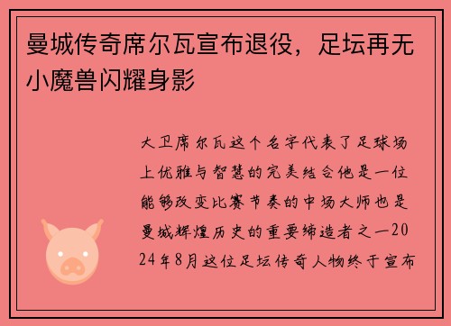 曼城传奇席尔瓦宣布退役，足坛再无小魔兽闪耀身影